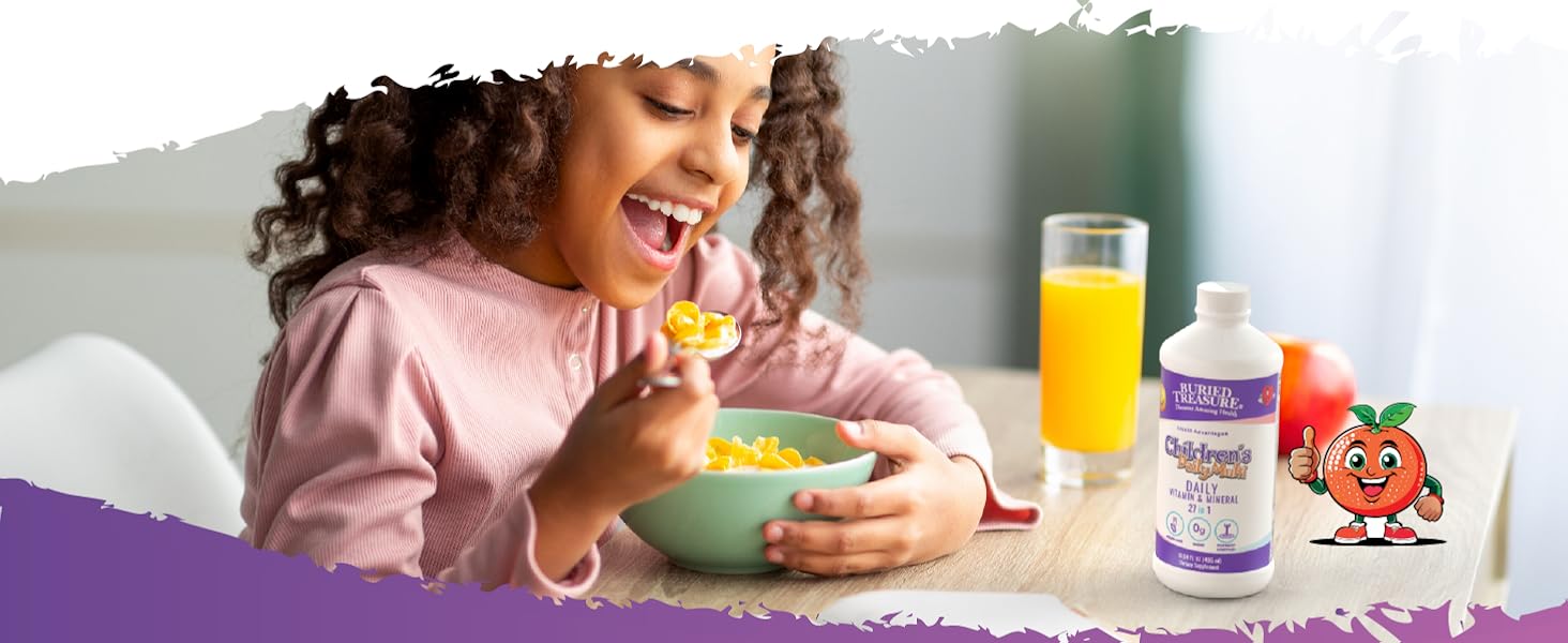 Young girl eating cereal, with cartoon orange pointing to Children&amp;#39;s Daily