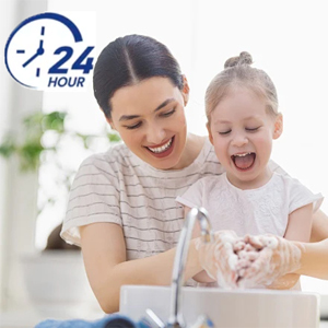 24-hour service icon with blue clock symbol in the corner of a washing hands scene.