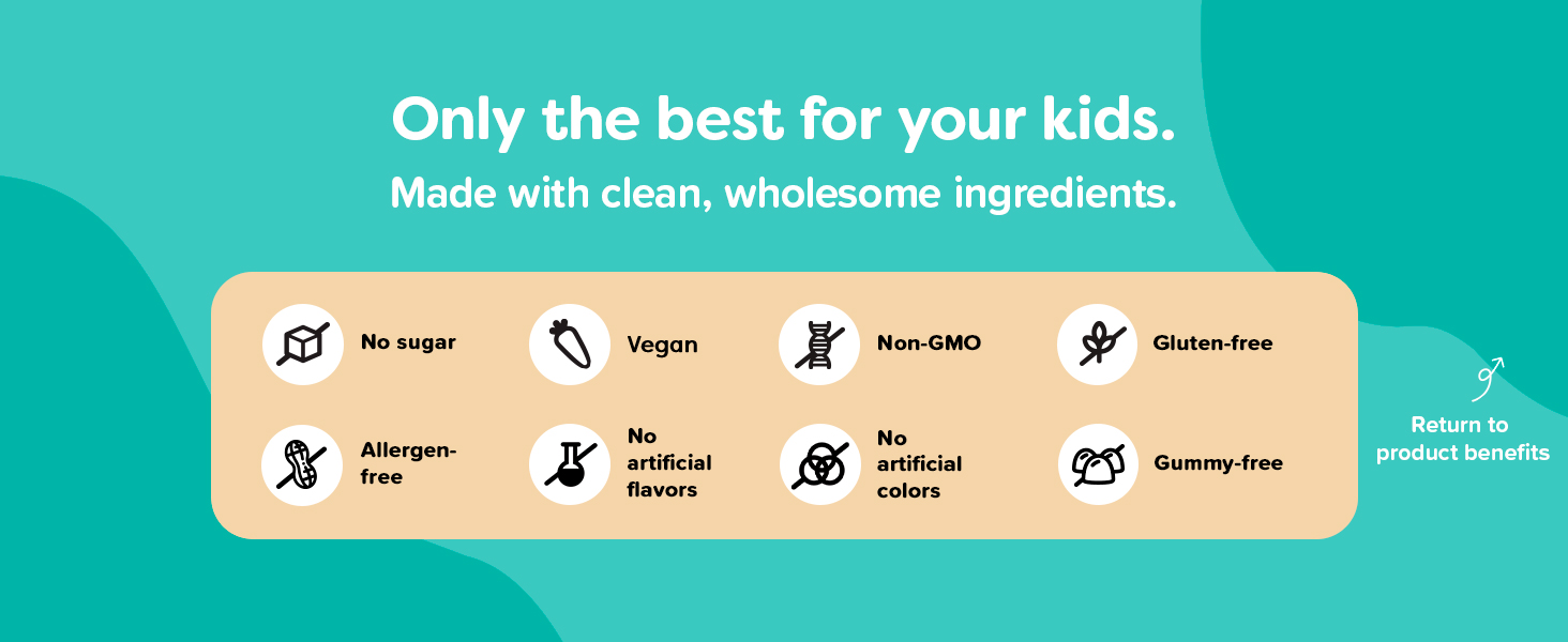 Non-GMO, vegan, sugar-free vitamins for kids. The wholesome alternative to gummy vitamins.