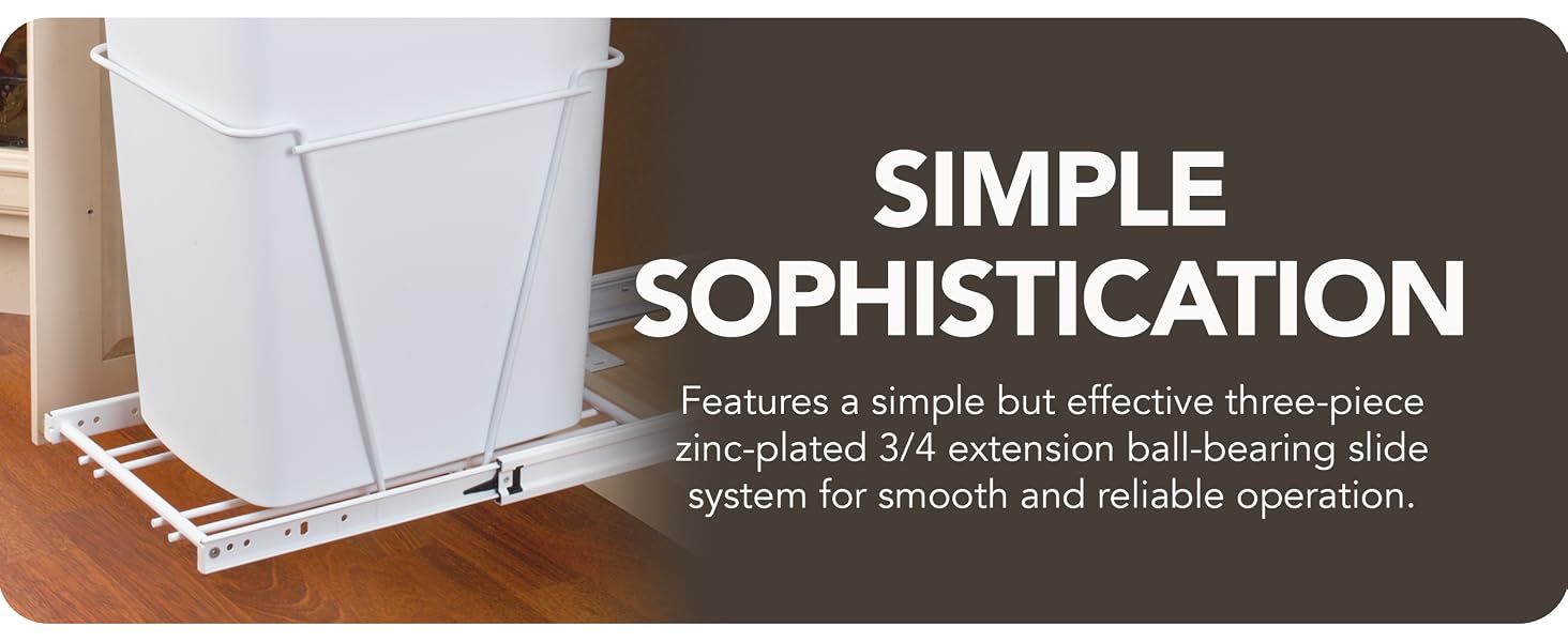 The Rev-A-Shelf Pullout Waste Container inside a cabinet. Text reads: Simple Sophistication.