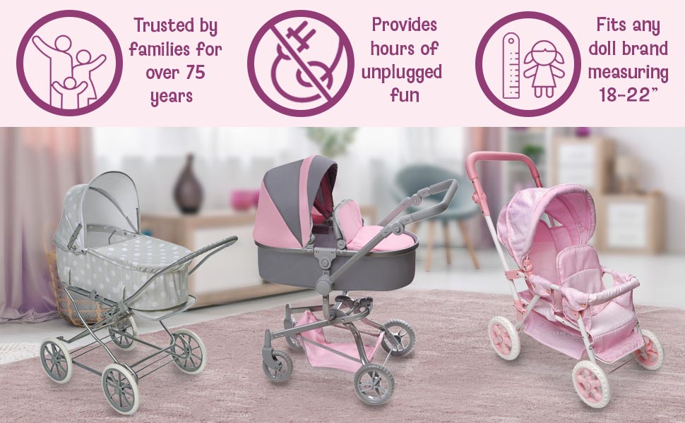 Image showing three different doll strollers from Badger Basket