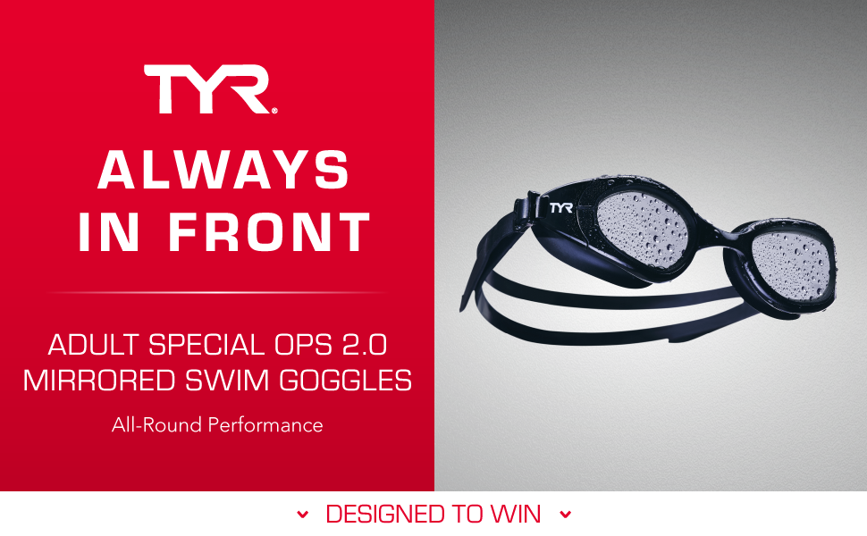 Image of adult special ops 2.0 mirrored swim goggles with text reading tyr always in front.