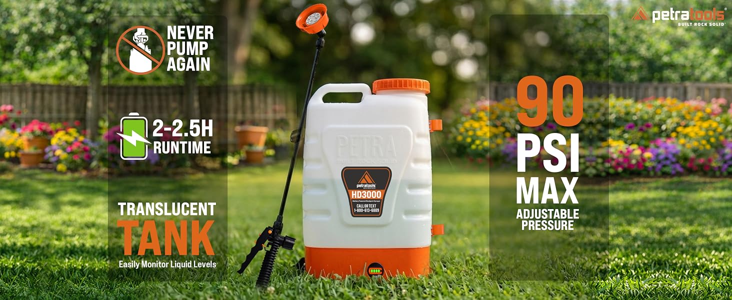 3-gallon battery backpack sprayer in garden with 6 nozzles, 80 PSI pressure, 2.5-hour runtime