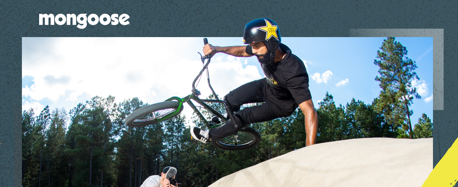 Mongoose hero with a young man doing a bike trick big mens bicicleta haro bicycles se red
