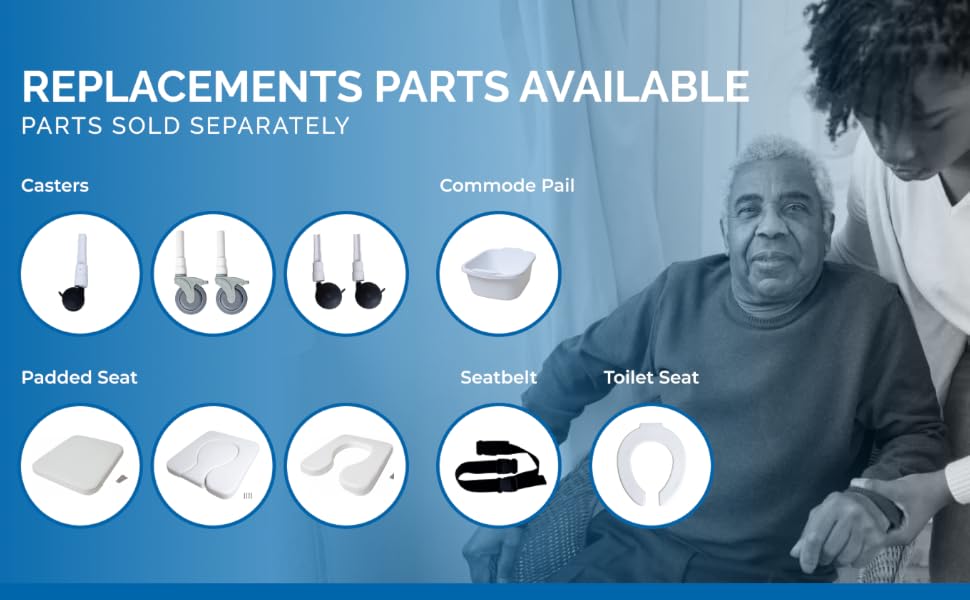 Replacement parts available; wheels, commode pail, padded seat, seatbelt, toilet seat.