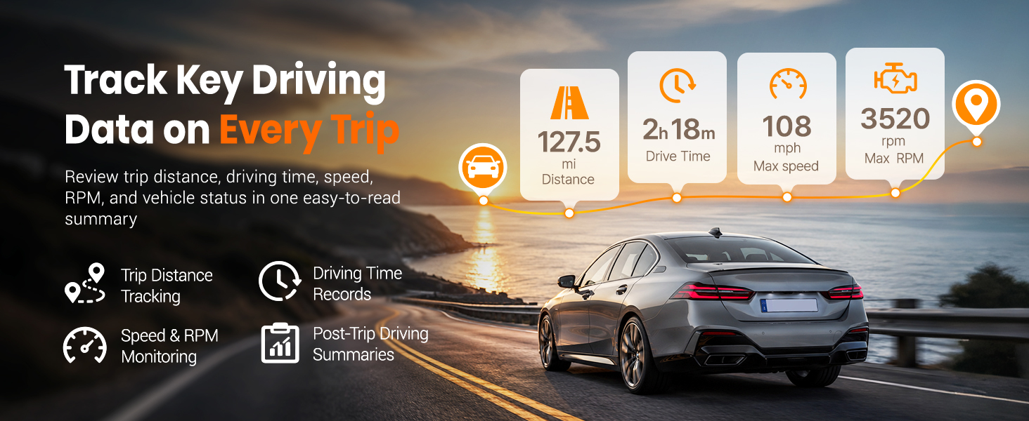 ANCEL BD310 tracks trip distance, driving time, speed, RPM, and vehicle data through the app.