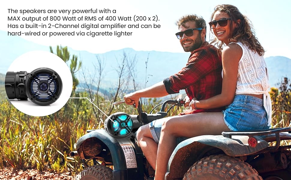 Pyle Marine ATV Powered Speakers - 4.0 Wireless Bluetooth, 1000Watt, Color Changing LED Lights,