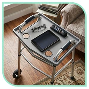 Image closeup of walker tray for folding walker.