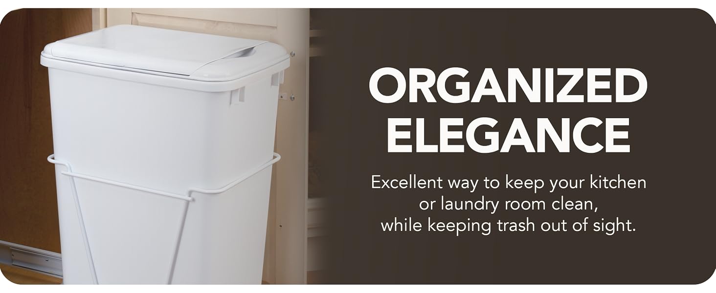 A zoomed in detail of the pullout waste container. Text reads: Elegance Organize
