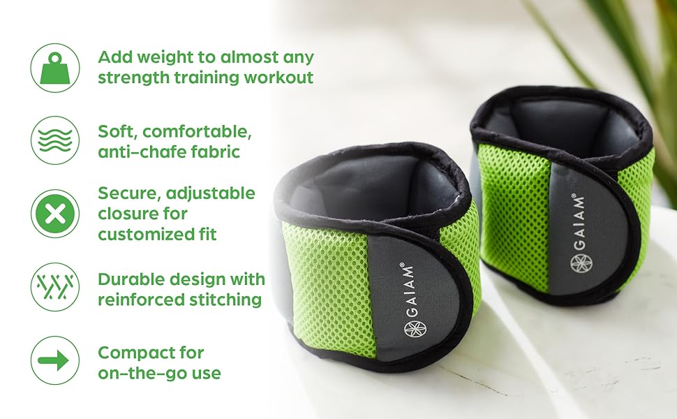 Feature overview of Gaiam soft ankle weights showing comfort fabric and adjustable closure