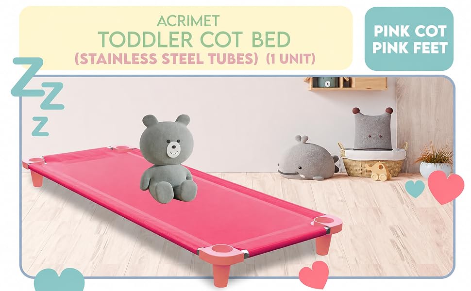 Acrimet Toddler Cot Bed for Kids, Travel, Day Care, 52&amp;#34; x 21&amp;#34;, Pink, 1 Pack