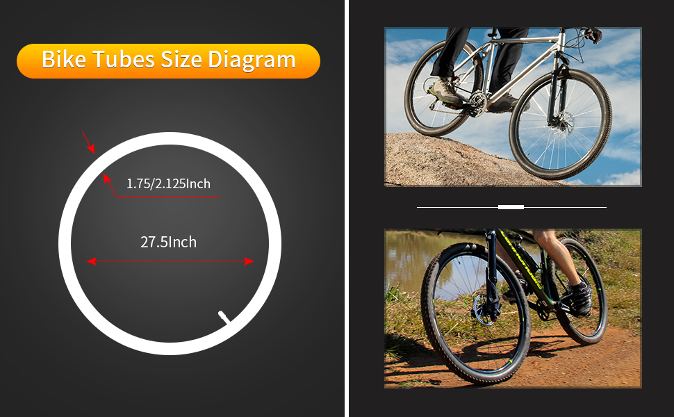 Bike tube size diagram showing 27.5-inch diameter measurement, accompanied by two photos of mountain bikes on trails.