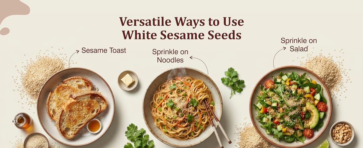 Aiva White Sesame Seeds recipe ideas with toast, noodles, and salad.