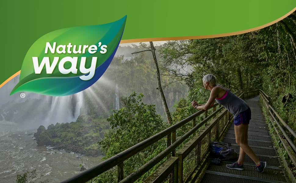 Nature's Way banner featuring a woman standing n a bridge overlooking a waterfall