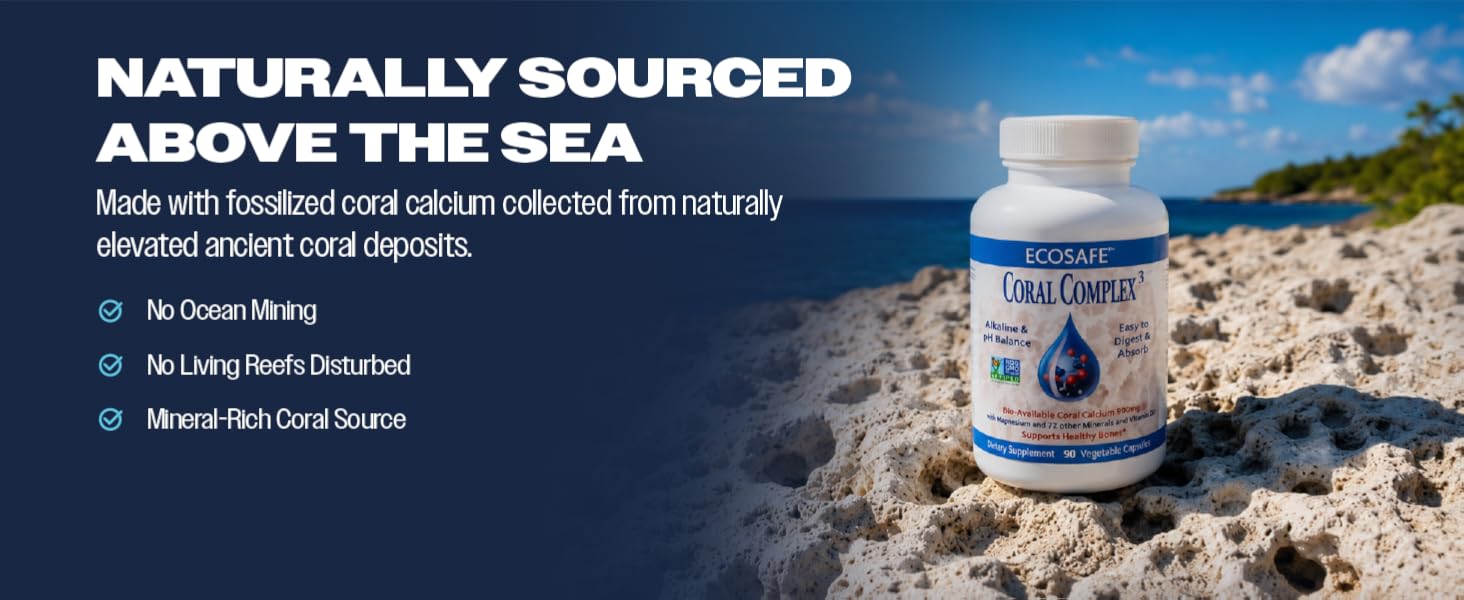 Coral Complex bottle on above-sea coral featuring naturally sourced fossil coral calcium.