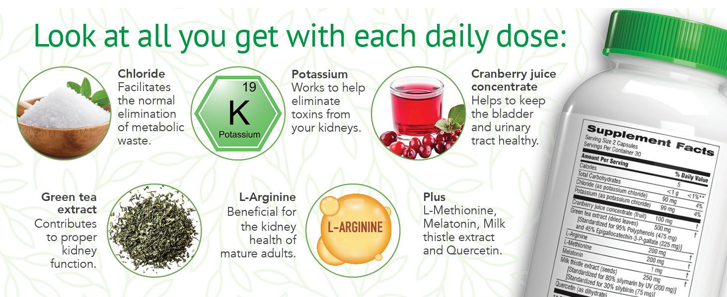 daily dose of potassium, cranberry, l-arginine, green tea, chloride, l-methionine, milk thistle