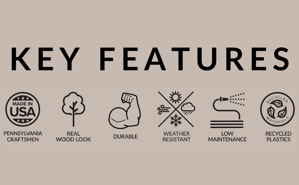 recycled, made in america, poly, fade resistant, weather resistant, stainless steel, plastic