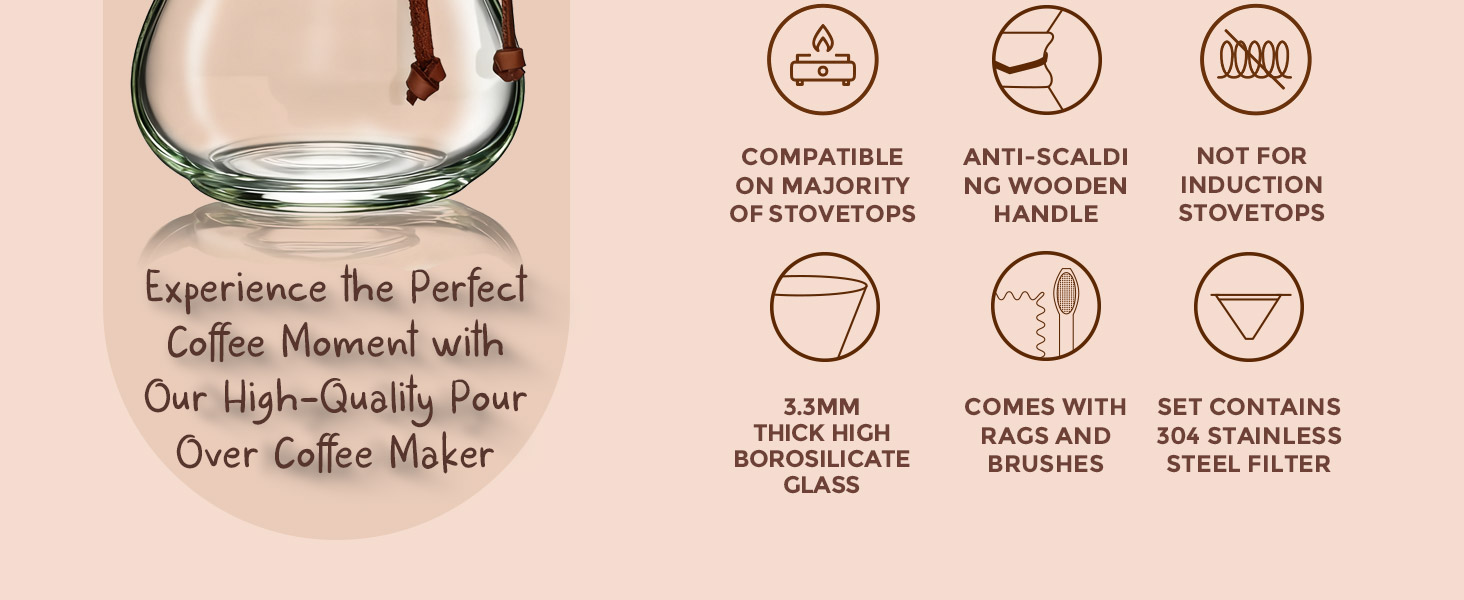 AGOGO glass pour over coffee maker with wood collar and 300-mesh 2-layer stainless steel filter