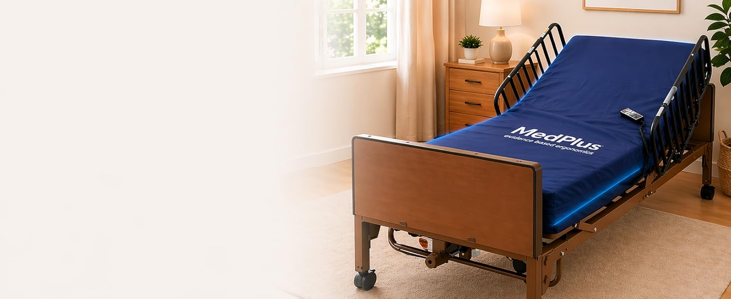 Pressure relief mattress on hospital bed in home setting for comfort and support