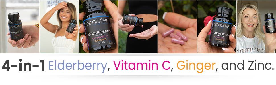 7 images of people holding Smarter Elderberry, 4-in-1 Elderberry, Vitamin C, Ginger, and Zinc