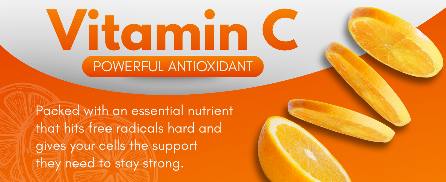 Vitamin C antioxidant graphic with sliced oranges on an orange background.