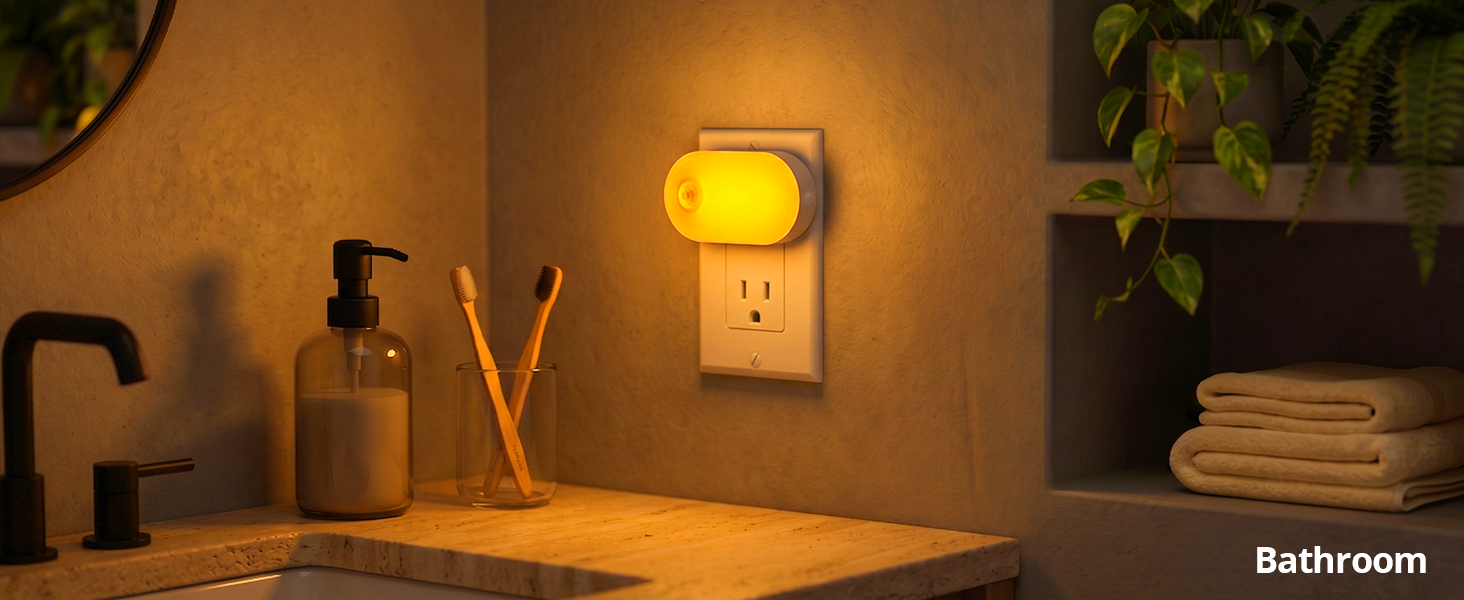 Eye-friendly plug-in night light illuminating a bathroom.