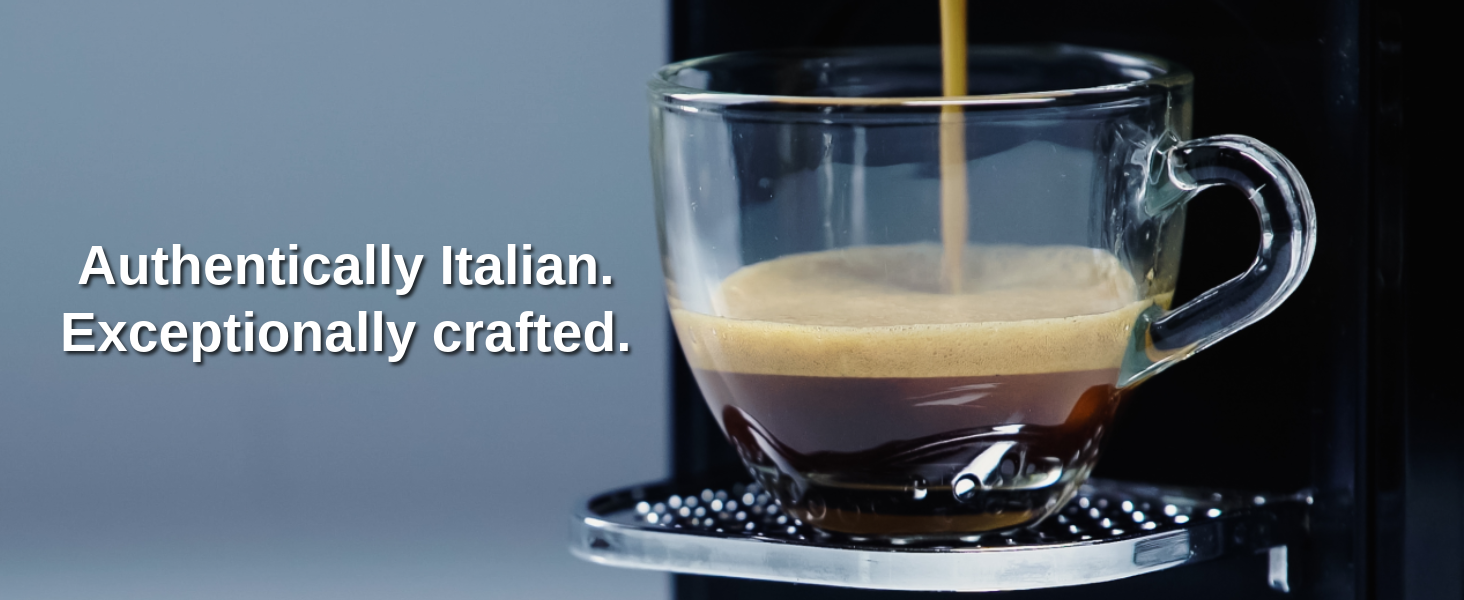 nespresso machine brewing coffee with authentically italian exceptionally crafted tagline message