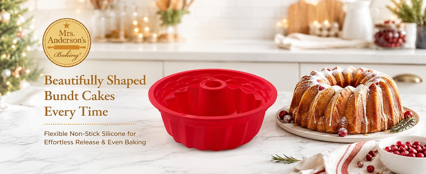 bundt cake, red silicone pan nearby