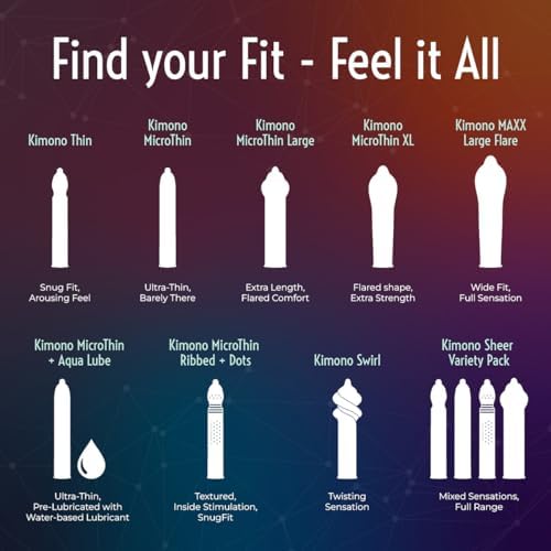Kimono MicroThin Sheer Variety Pack of 12 - Multiple Styles of Ultrathin Condom Shapes, Unique Designs in One Pack, Natural Latex Condoms, Vegan-Friendly, No Latex Odor - Enhanced Sensitivity