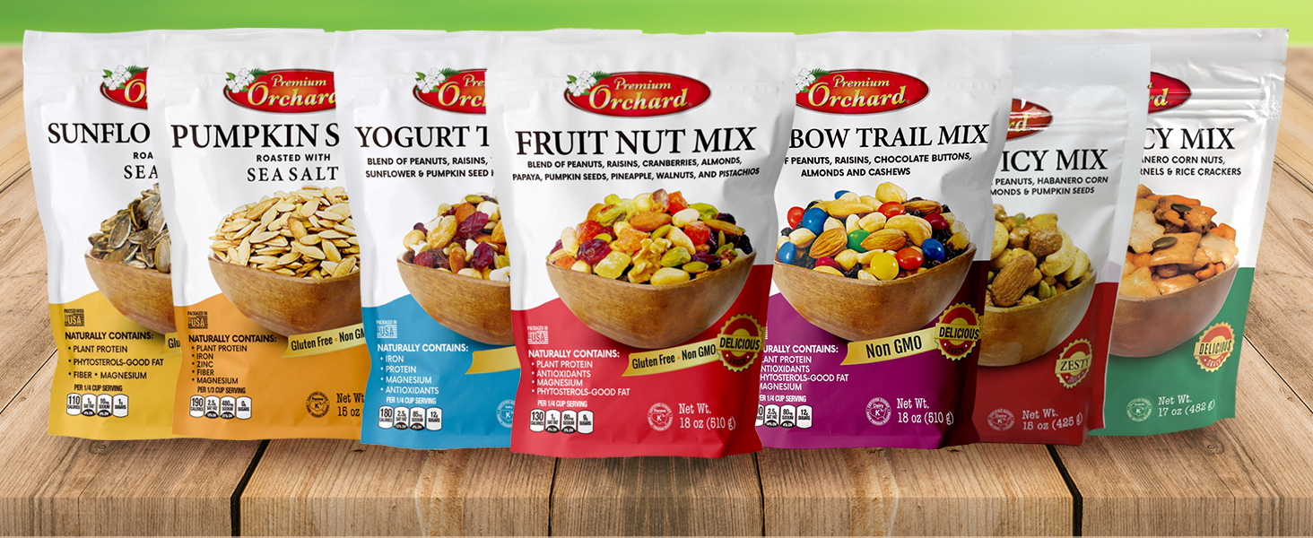 Premium orchard pumkin seeds fruit and nut mix and yogurt trail mix
