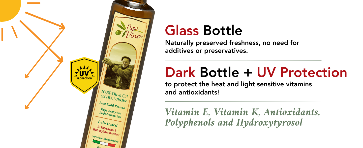dark glassed bottle with extra uv protection to protect heat and light sensitive vitamins