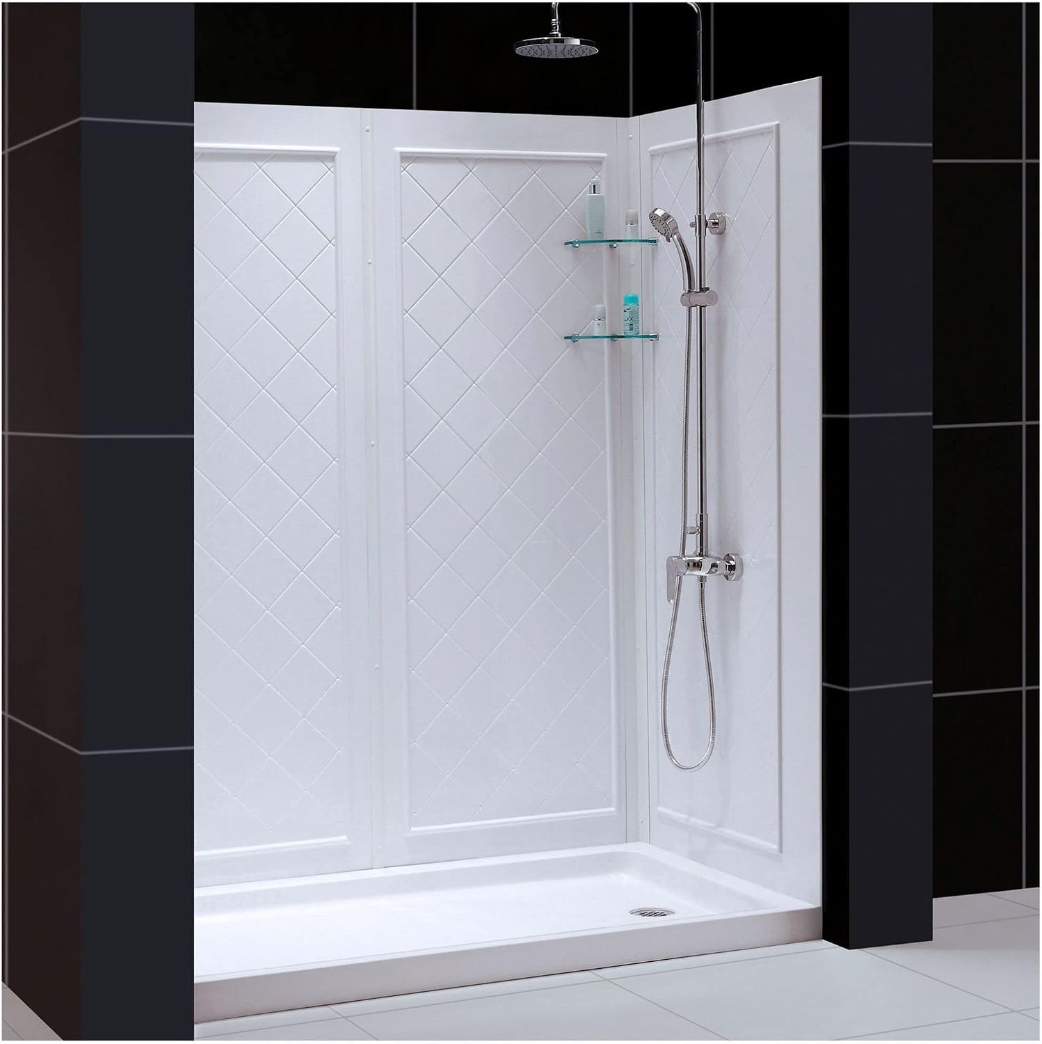 DreamLine 32 in. D x 60 in. W x 76 3/4 in. H Left Drain Acrylic Shower Base and QWALL-5 Backwall Kit In White, DL-6190L-01