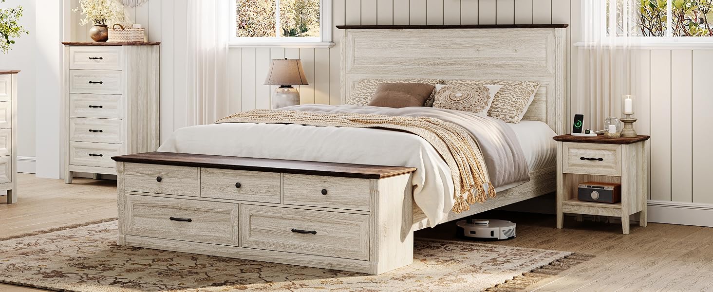 Queen Storage Bed Frame with Drawers Farmhouse Bed Frame Queen-Size with Headboard Footboard Bench