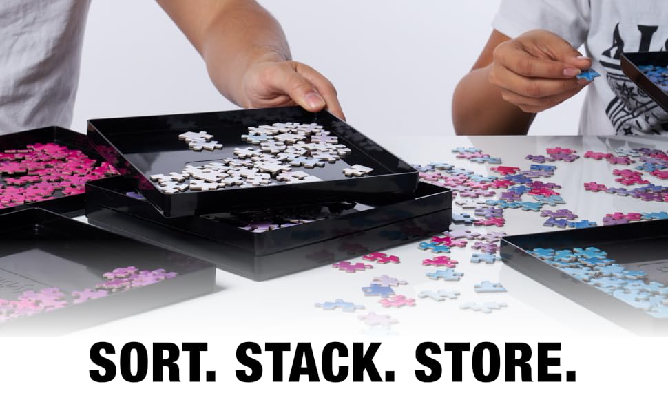 sort stack store puzzle pieces trays black