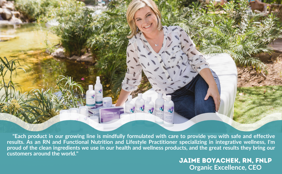 Organic Excellence CEO with organic plant-based toxin-free product selection for vibrant health