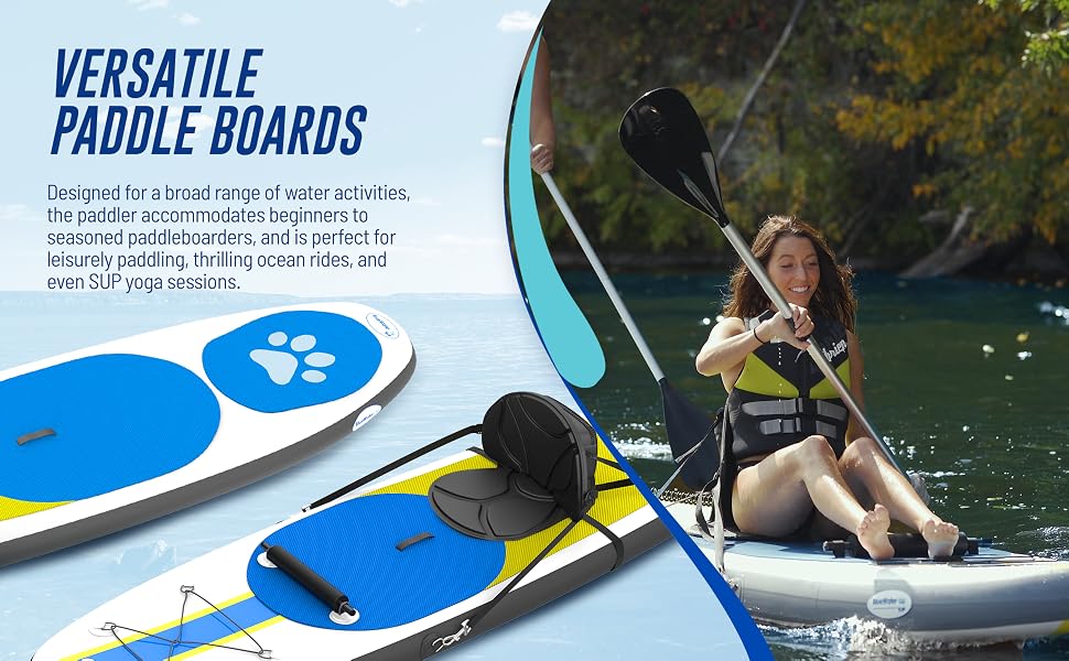 shows versatile inflatable boards that turn from a SUP paddle to yoga board to a one-person kayak