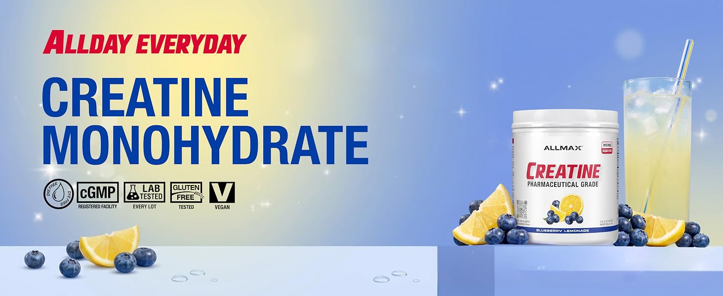 ALLDAY EVERYDAY ALLMAX tub Creatine on a blue platform next to a glass of mixed flavored creatine
