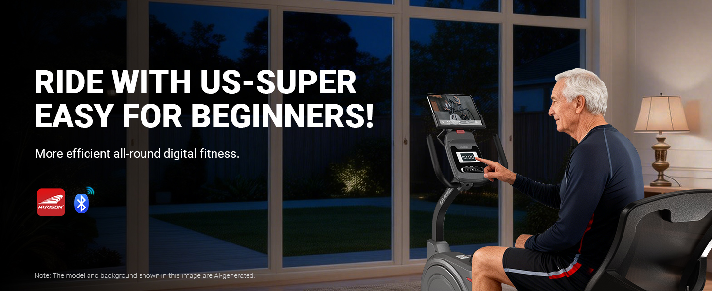 Senior using HARISON recumbent exercise bike with LCD display for quiet home cardio