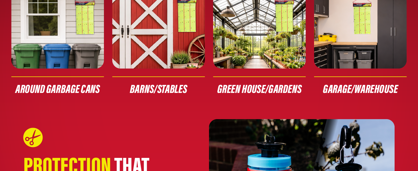 Giant fly trap placement examples for garbage cans, barns, gardens and garages