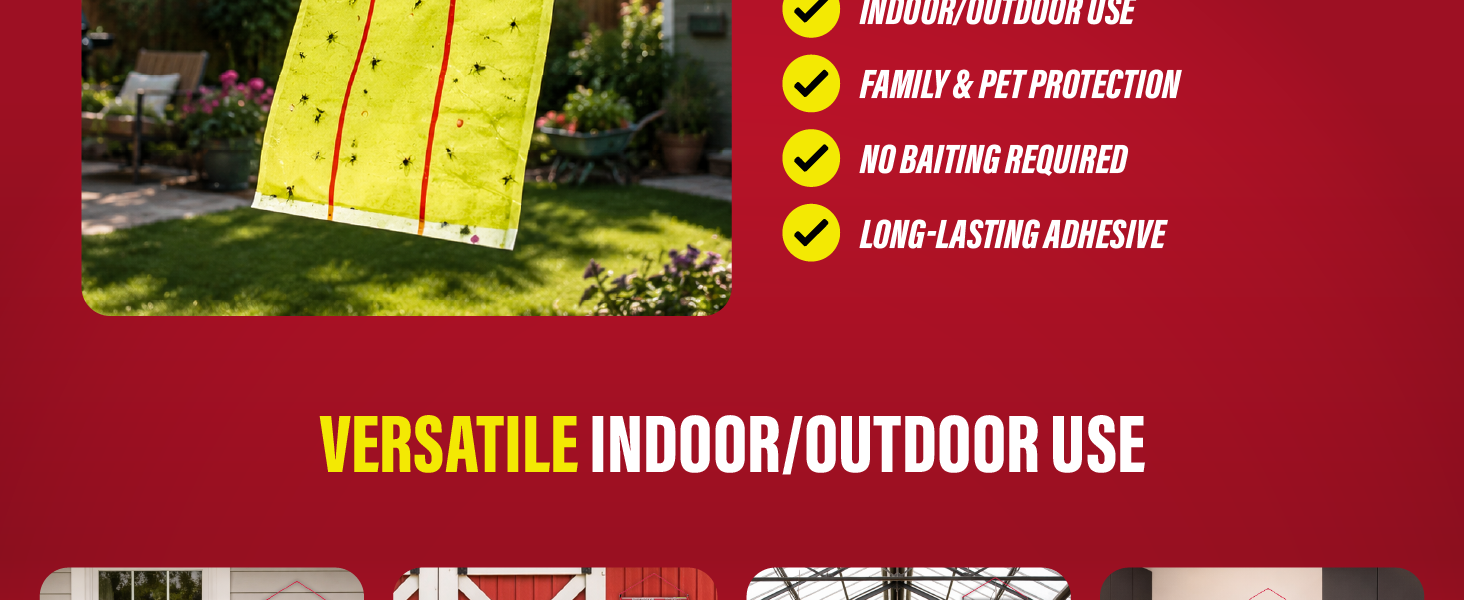 Giant fly glue trap graphic highlighting versatile indoor and outdoor use