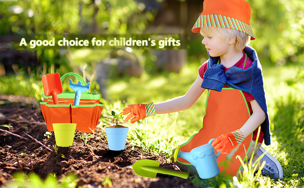 Kids gardening tools set with children's apron,bucket, tools, watering can, planter and gloves