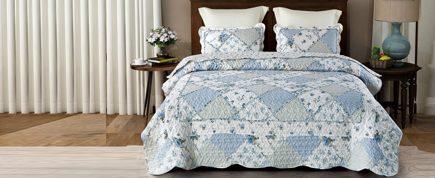Blue Patchwork Quilt Set Queen Size