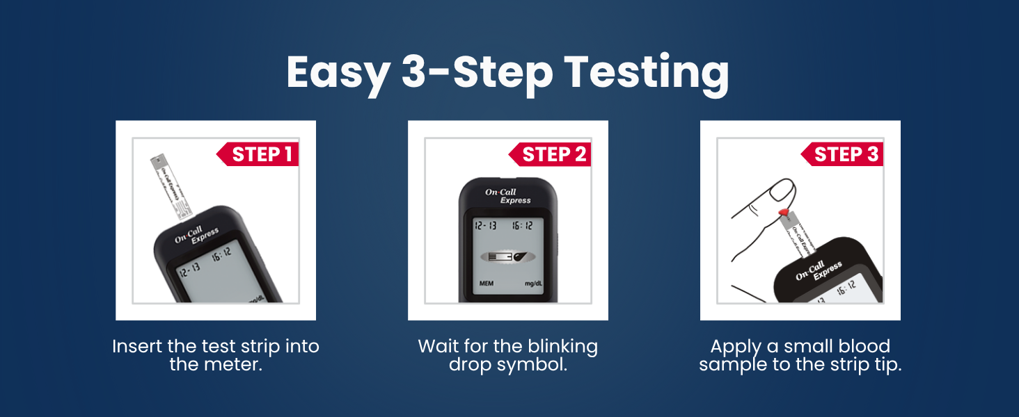 Diabetes test strips with simple 3 step process for fast accurate home glucose testing