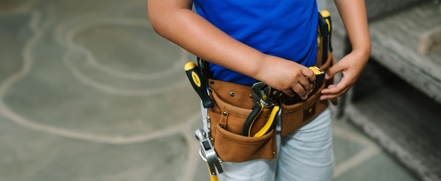 Real leather tool belt with pockets and safety glasses—perfect for sparking creativity