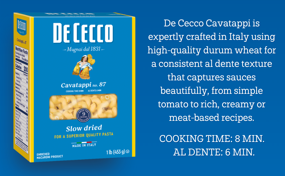 De Cecco Cavatappi is expertly crafted in Italy using high-quality durum wheat for a consistent