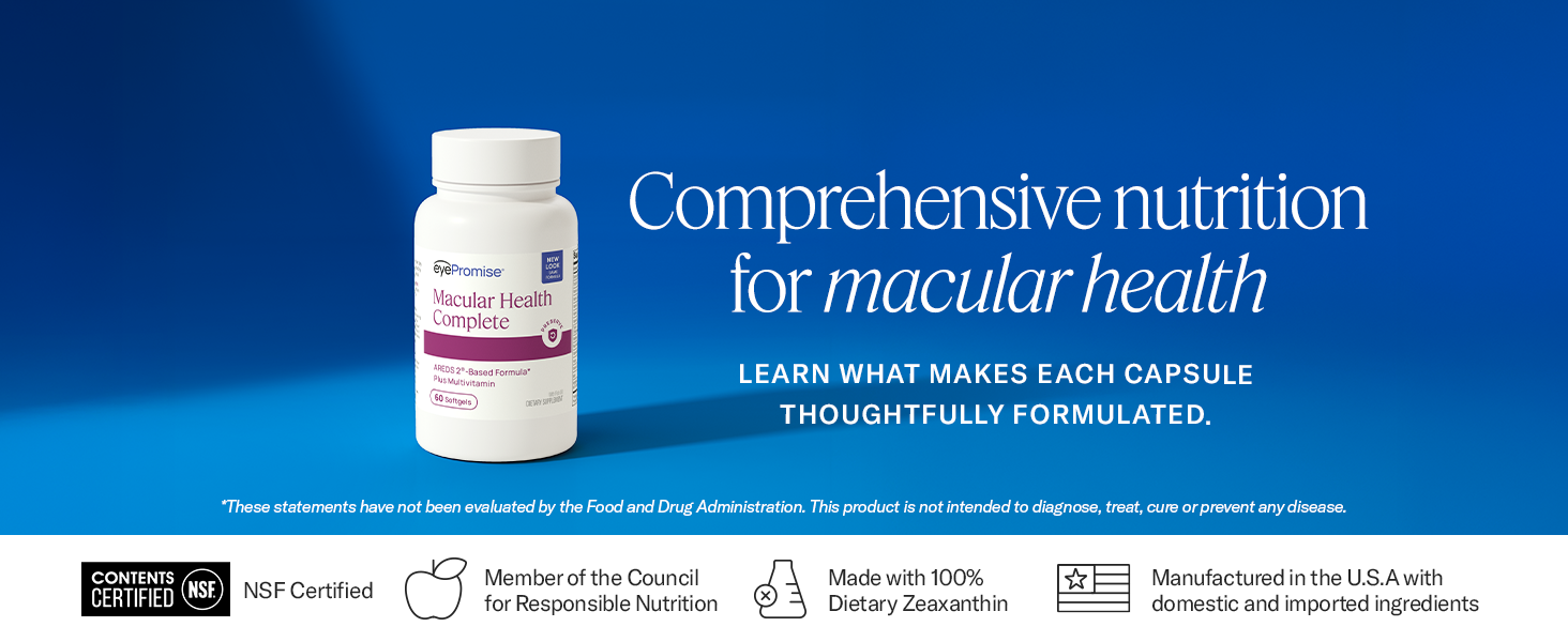Comprehensive macular health nutrition recognized by NSF, made in the United States.