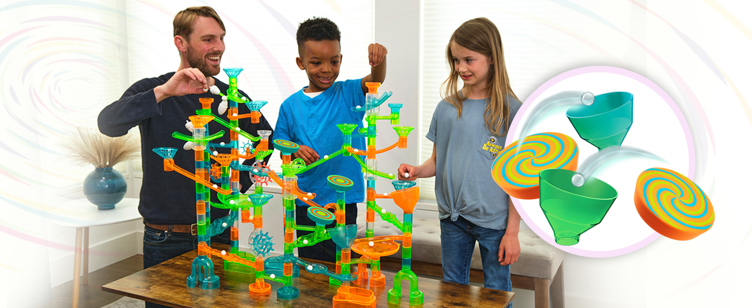 Marble stunts trampolines catch buckets, STEM fun for kids
