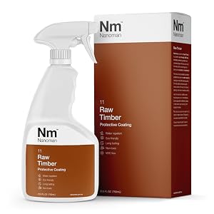 Nm Raw Timber protective coating product. Spray bottle and packaging box shown, featuring brown color scheme and product details.