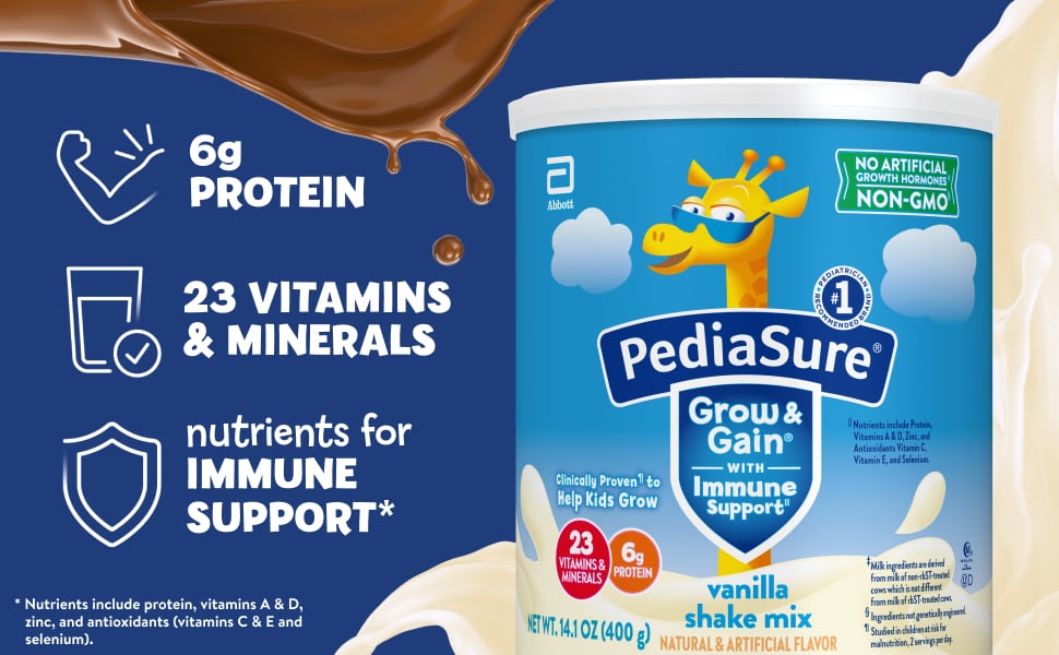 PediaSure shake mix has 6g protein, 23 vitamins and minerals, and nutrients for immune support