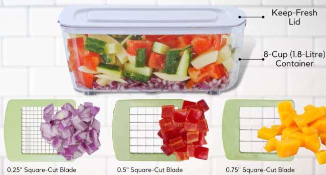A big container and 3 sharp blades to speed up your chopping job